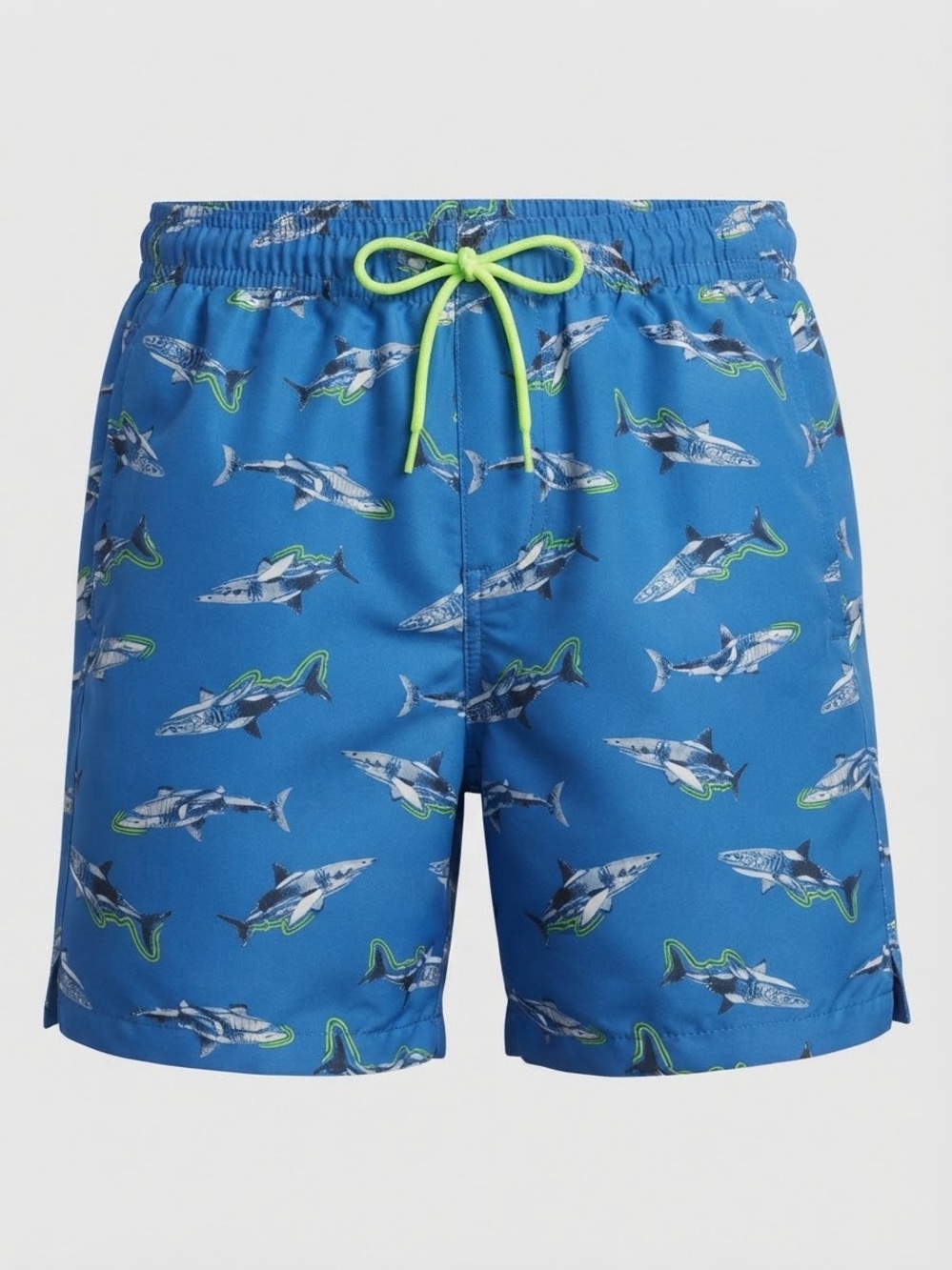 Old Navy Blue Shark-Print Swim Trunks with Neon Drawstring